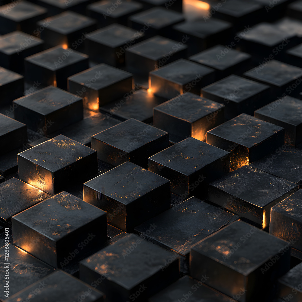 Poster dark abstract pattern with black cubes arranged in a grid, some cubes illuminated by warm light