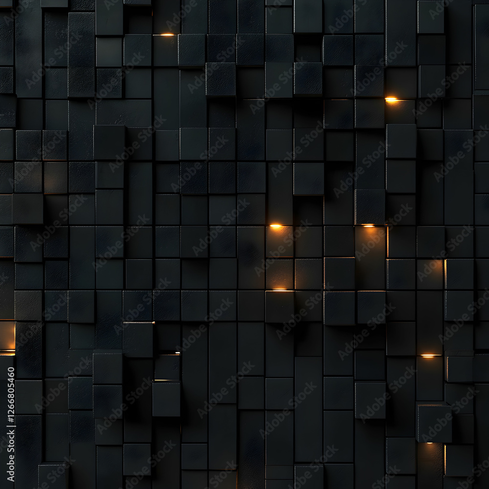 Poster dark abstract pattern with black cubes arranged in a grid, some cubes illuminated by warm light