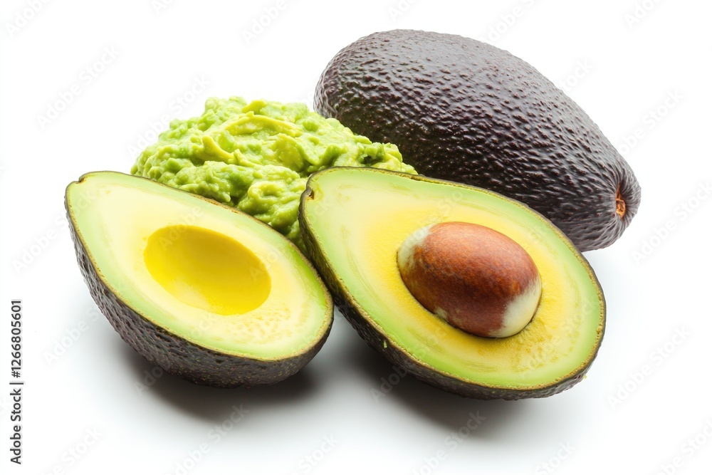 Poster a fresh avocado cut in half and a whole one on a background
