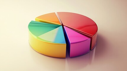 An artistic D pie chart with colorful sections and smooth, glossy reflections, set against a neutral backdrop, designed for a sleek, contemporary look