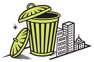  Cartoon trash can, bright green color, vertical stripes, simplified design, rounded lid, bold black outline, flat vector style, minimalist icon, waste management symbol, environmental concept, clea