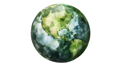Green Earth watercolor hand-drawn art. Earth icon for environmental concepts, isolated on a transparent background. transparent Background, clipping path  -  
