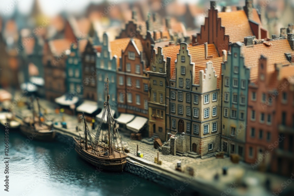 Poster A small scale model of a city with a boat floating on calm waters, ideal for use as a decorative piece or in architecture and design projects