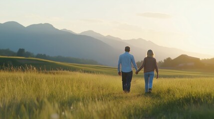 Fototapeta premium A couple strolls hand in hand through a vast golden field during a breathtaking sunset, with majestic mountains rising in the background