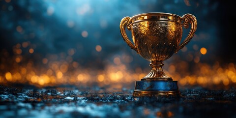 Golden trophy on dark background with bokeh lights, dramatic lighting, showcasing victory and achievement