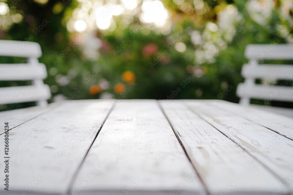 Poster a simple dining setting with a wooden table and two white chairs in the background