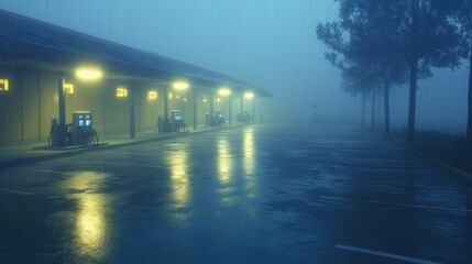 Foggy, rainy parking lot at night, illuminated by gas station lights