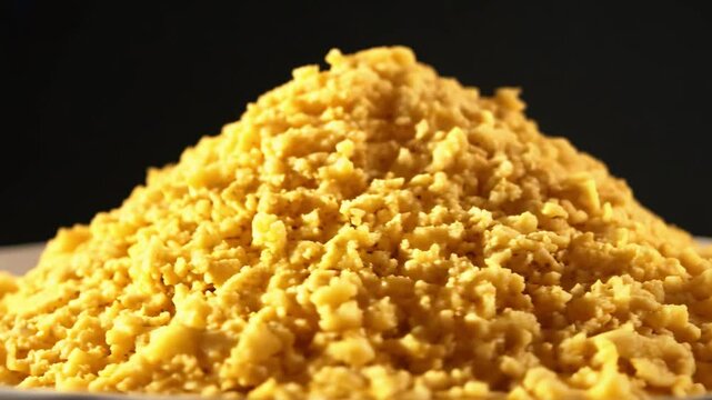 360-degree rotating video of a vibrant yellow illuminated polenta mound, loosely formed, with backlighting, displaying its coarse, granular texture and airy arrangement