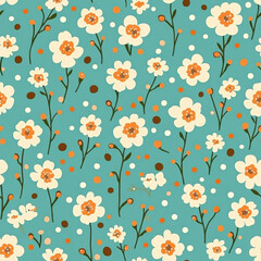 Fototapeta premium cute tiny flowers in a simple doodle pattern , set against a turquoise background with brown and white dots ,