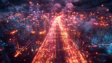 A cityscape with a road in the middle