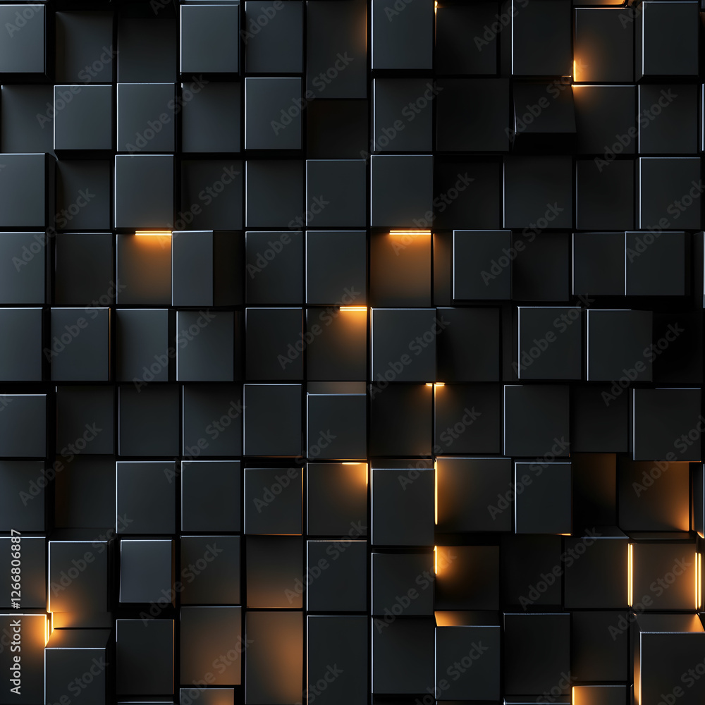 Poster dark abstract pattern with black cubes arranged in a grid, some cubes illuminated by warm light