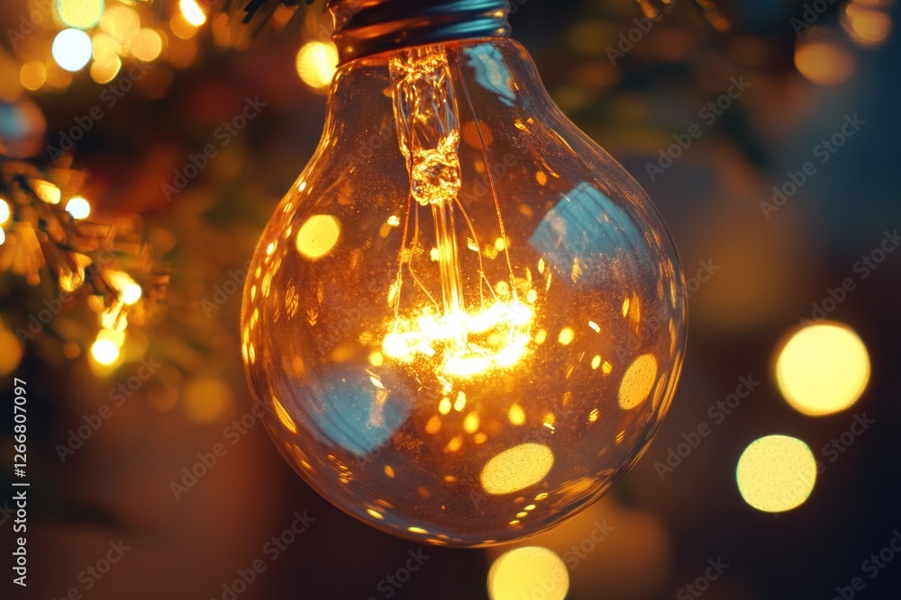 Poster A close-up shot of a light bulb attached to a tree branch, highlighting the details of the bulb and its surroundings