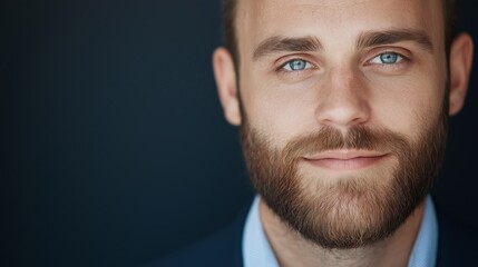 Obraz premium Close-up portrait of a man with a beard and blue eyes against a dark background in a professional setting