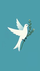 Fototapeta premium White Dove Carrying Olive Branch, Minimalist Illustration