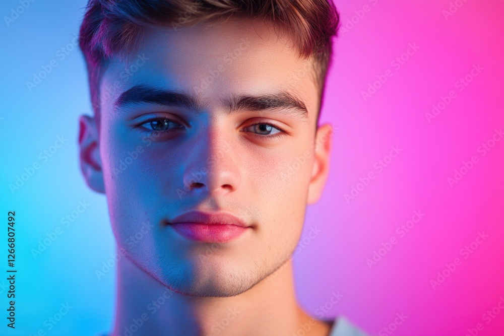 Poster a close-up of a person against a bright pink and blue background, ideal for use in social media post