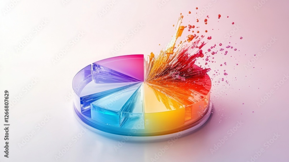 Poster a colorful, artistic pie chart with smooth reflections and intricate details, set against a clean ne
