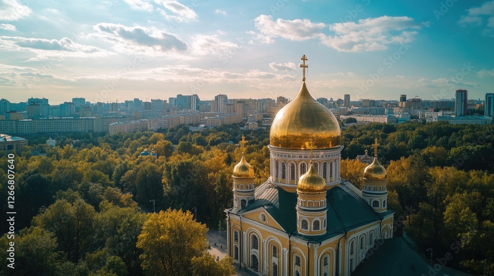 Poster a large building with a distinctive golden dome on its roof, suitable for use in architectural or hi