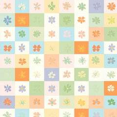 create a seamless checkered pattern with colorful squares and small flowers,