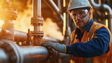 Geothermal Energy Utilization, A worker in safety gear inspects industrial pipes in a fiery environment, emphasizing safety and professionalism in a manufacturing setting.