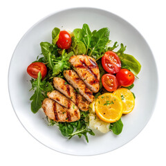 Chicken caesar salad on white plate top view isolated  background