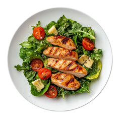 Chicken caesar salad on white plate top view isolated  background