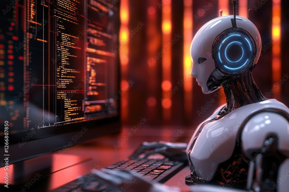 Aufkleber a robot sits in front of a computer monitor with screens and wires visible