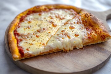 A slice of pizza sits on a wooden cutting board, ready to be enjoyed