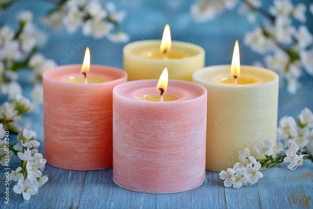 Poster three lit candles placed together, often used in decorative settings or as a symbol of warmth and un