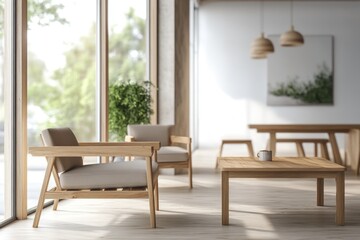 Cozy living room with wooden furniture and large windows