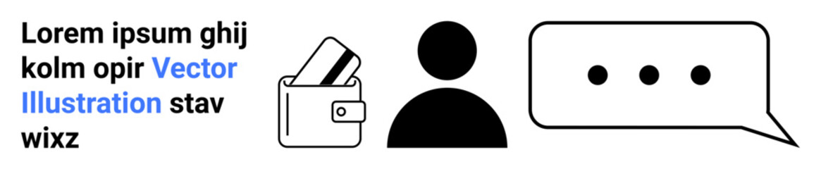 Text block next to wallet with credit cards, person icon, and chat bubble. Ideal for digital payments, user interaction, online services, communication, customer support, financial services mobile