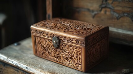 Intricately Carved Wooden Box On Rustic Surface
