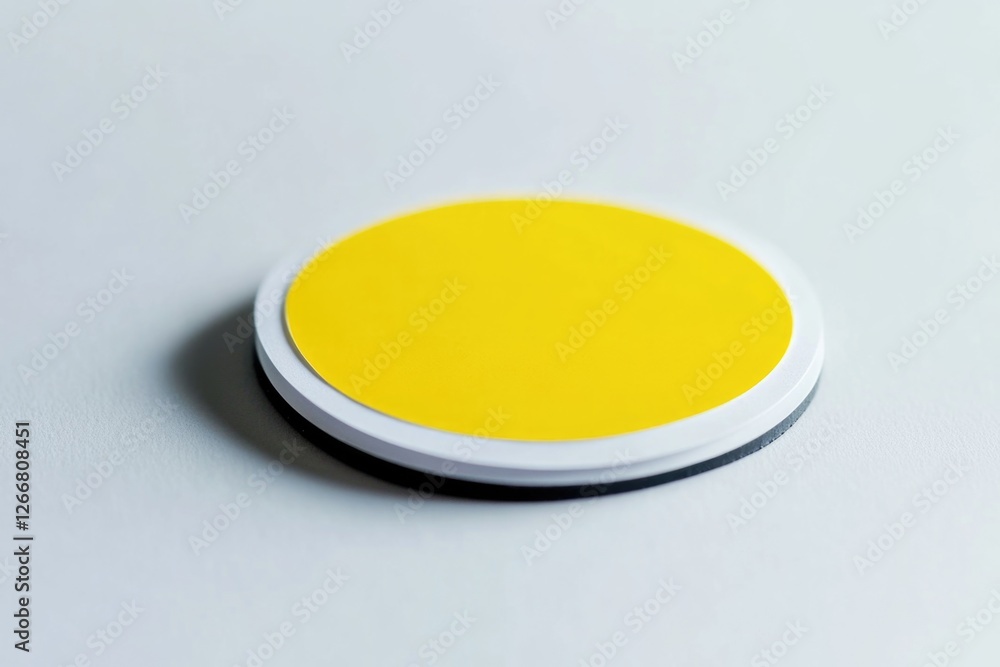 Aufkleber close up of a bright yellow button on a white background, suitable for use in design projects or as 
