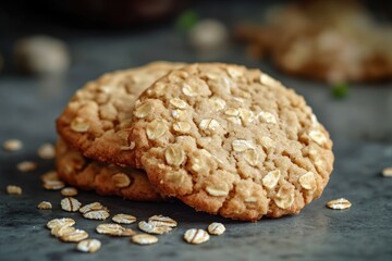 Two oatmeal cookies placed on a table surface, perfect for a snack or dessert
