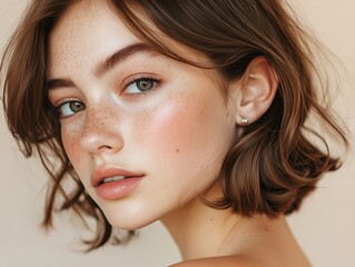 Close-up of a young woman with freckles and short brown hair, showcasing natural beauty and a soft expression.