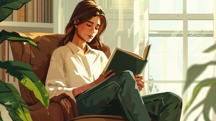 A serene moment of a young woman reading a book in a sunlit room surrounded by lush indoor plants