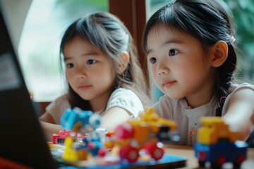 Two young girls working on a laptop together