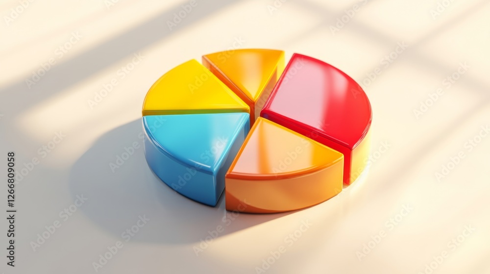 Poster a dynamic pie chart with polished, smooth reflections and bright, complementary colors, placed on a 