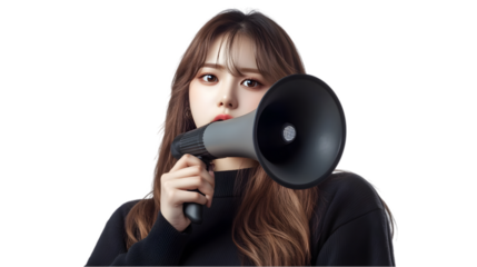 Human hand holding a megaphone, communication and announcement concept. transparent Background, clipping path  -  