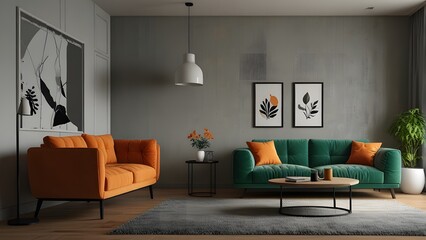 Green Living Room With Turquoise Color Sofa, Vertical Garden And Tiled Floor