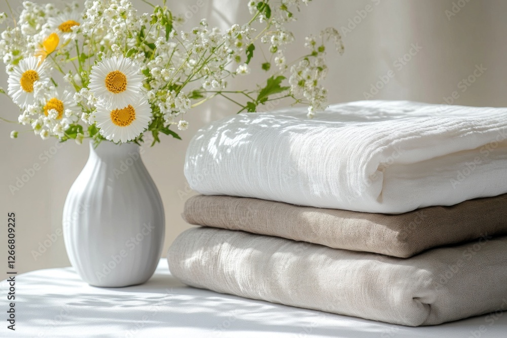 Poster a stack of three linen sheets in soft shades rests on a table while a vase of fresh flowers adds a t