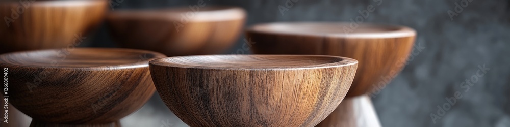 Poster a group of wooden stools sitting together, ideal for casual gatherings or rustic settings