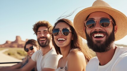Obraz premium A group of friends is having the time of their lives on a delightful road trip, taking in the beautiful scenic views under the warm afternoon sun