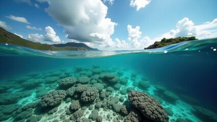 Fototapeta premium Split view of a bleached coral reef underwater and a cloudy sky above 