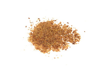 Milled flaxseed, linseed pile. Ground or crushed brown flax seed or linseed isolated on white....