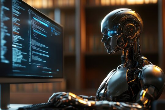 A robot sits in front of a computer monitor with a cord and buttons, suitable for technology or futuristic themed projects