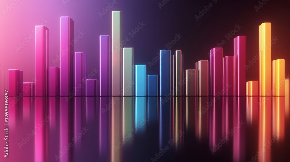 Poster a highly detailed bar chart with smooth reflections in various neon colors, placed against a soft, n