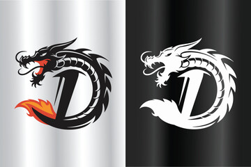 a bold and modern dragon-themed logo incorporating the letter 'D', with sharp details and a fiery accent