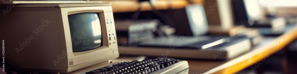 Poster an old computer sitting on a desk with a worn-out keyboard and monitor