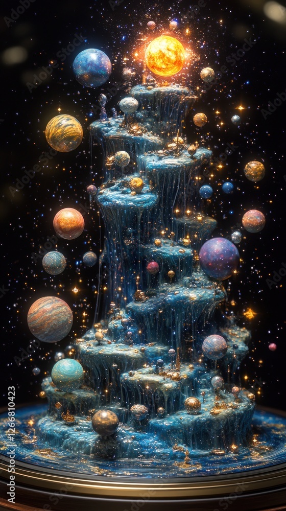 Poster An intricate display of a cascading waterfall composed of planets and stars, evoking a dreamlike atmosphere in an expansive cosmic setting