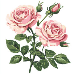 pink roses with green leaves on white background illustrated